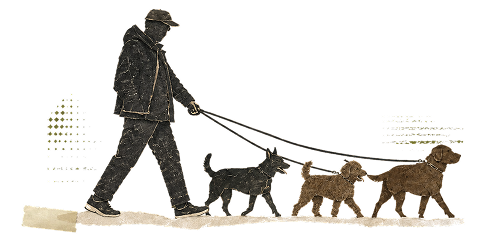 Illustration of a Not The Rug walker out with three dogs